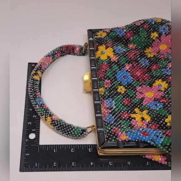 Vintage Beaded Purse Colorful Floral Flowers 80s 90s Hand Bag Satchel - Picture 11 of 11